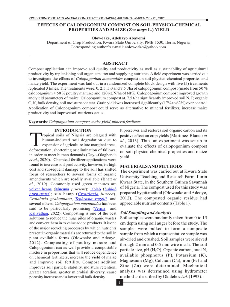 EFFECTS OF CALOPOGONIUM COMPOST ON SOIL PHYSICO-CHEMICAL PROPERTIES AND ...