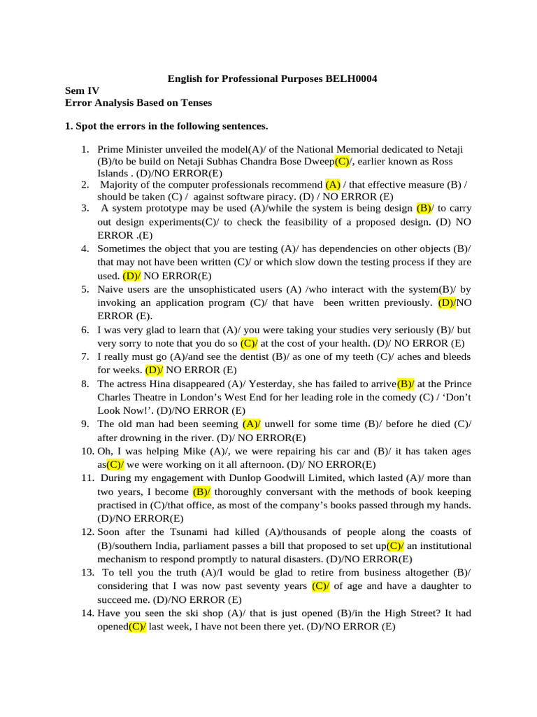 Error Analysis Based On Tenses - Answer Key | PDF