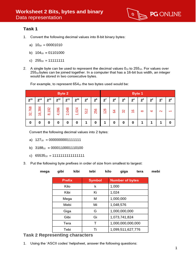 Binary Conversion and Data Representation Worksheet | PDF | Byte ...
