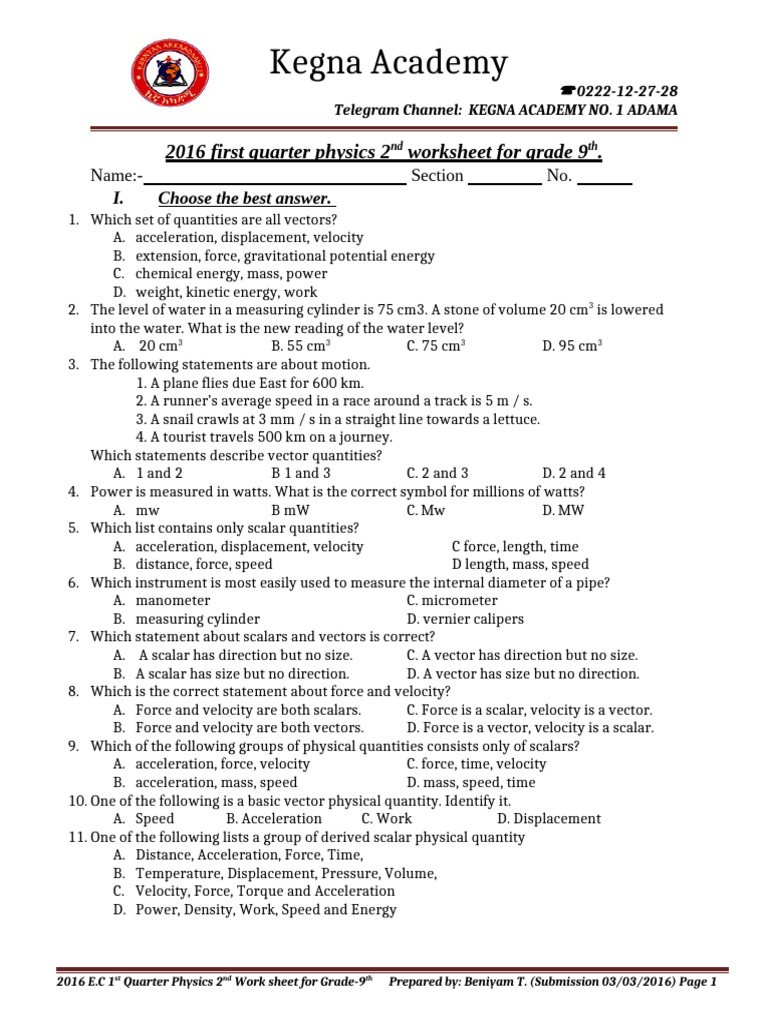 Grade 9 Physics Worksheet 2016 | PDF | Velocity | Euclidean Vector