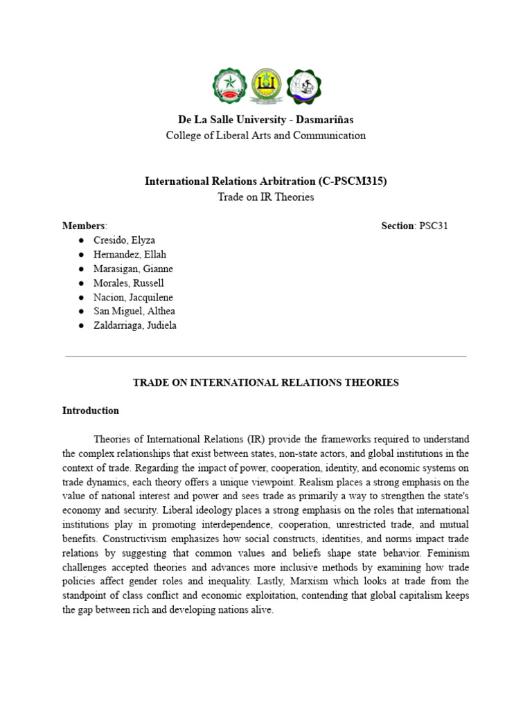 Trade on IR Theories (C-PSCM315 IRA) | PDF | Liberal Arts Education ...