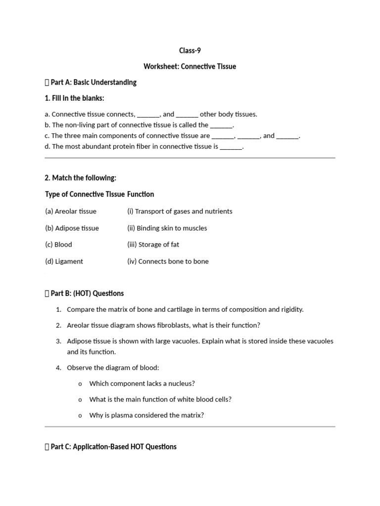 Class 9 Connective Tissue Worksheet | PDF
