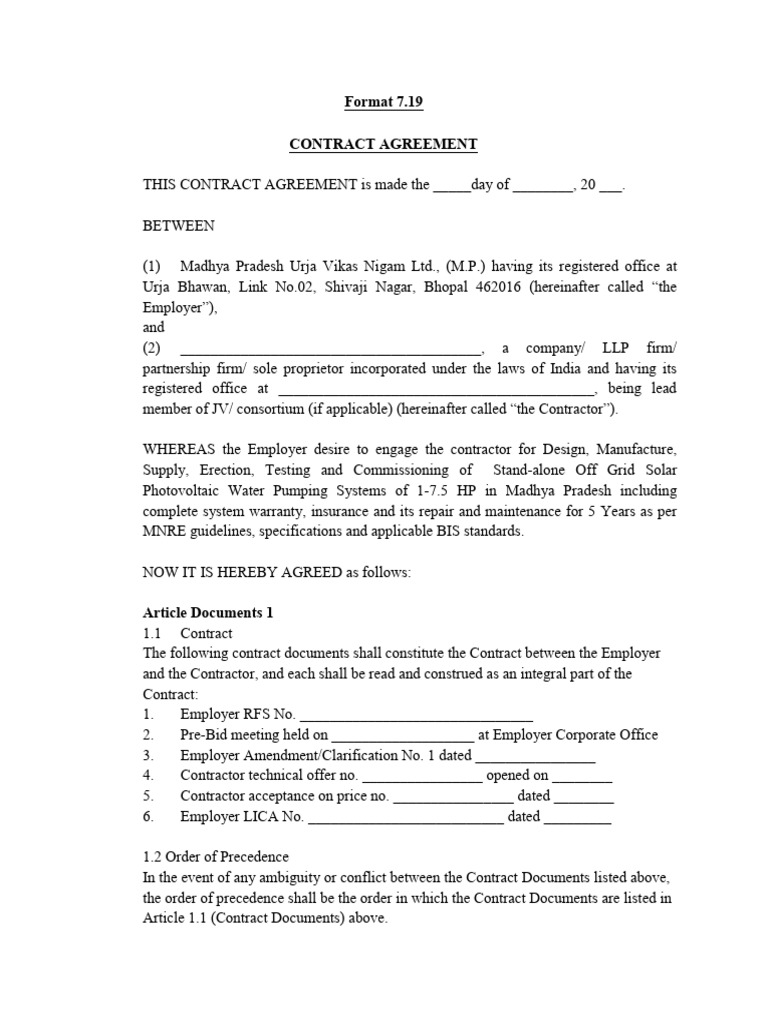 Madhya Pradesh Solar Pump Contract Agreement | PDF | Legal Liability ...