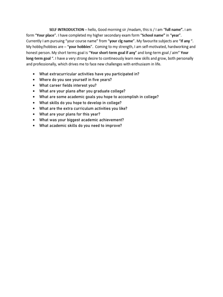 Self Introduction Template for Students | PDF