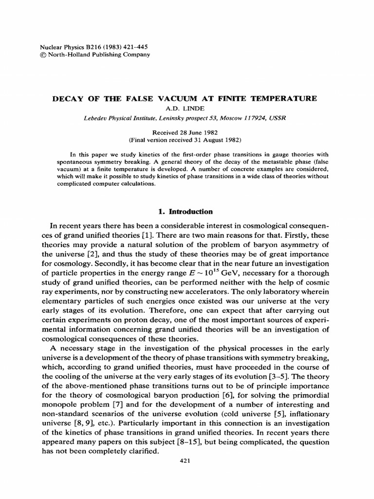 Linde - 1983 - Decay of The False Vacuum at Finite Temperature | PDF ...