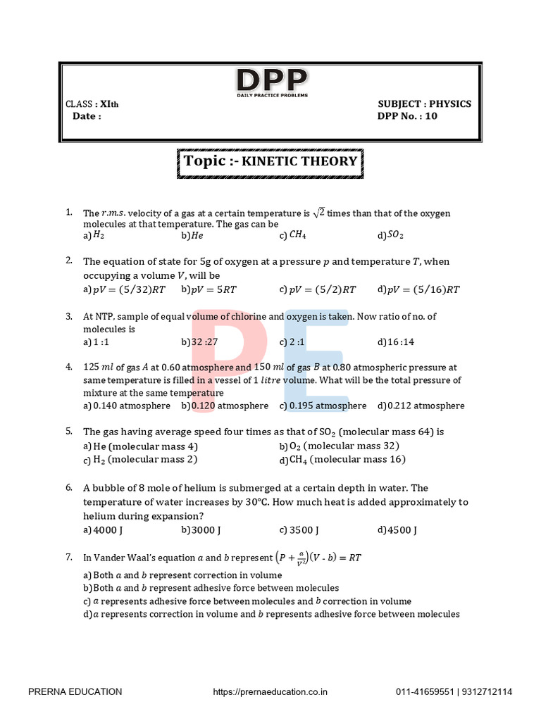 Physics DPP for Class XI: Kinetic Theory | PDF | Gases | Pressure