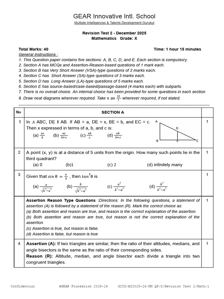 Math Revision Test Grade X - Dec 2025 | PDF | Triangle | Euclidean Geometry
