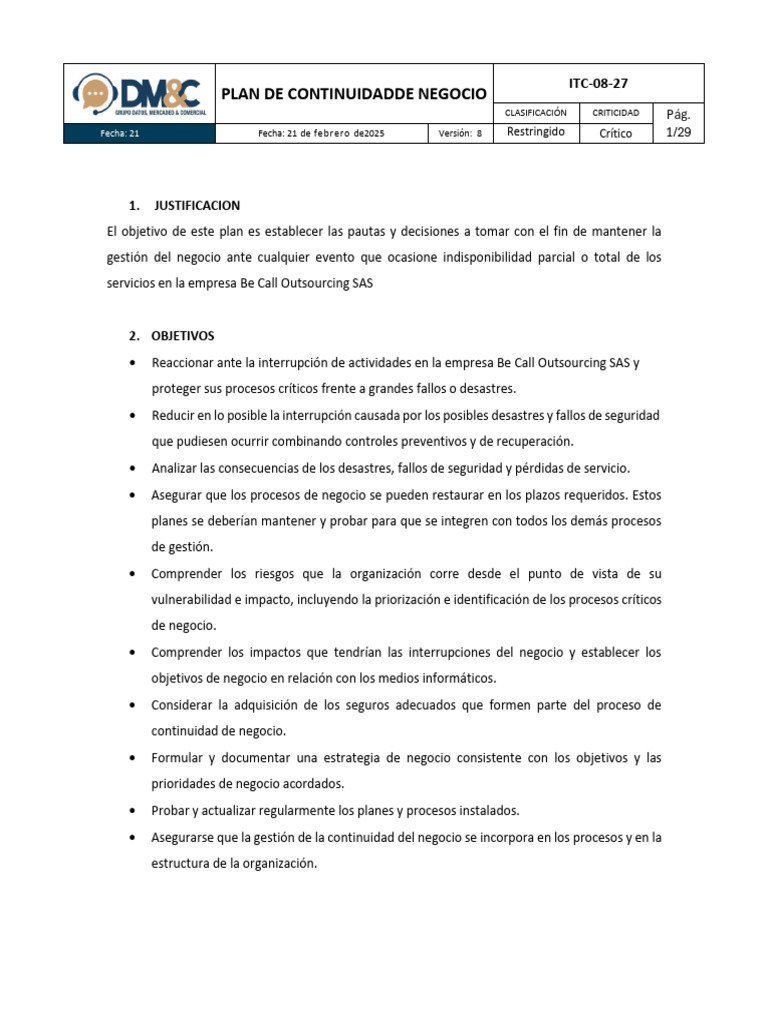 ITC-08-27 Plan de Continuidad de Negocio | PDF | sistema de nombres de ...