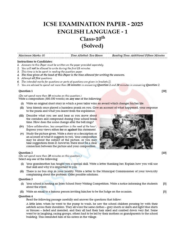 ICSE Class 10 English Language Exam 2025 | PDF