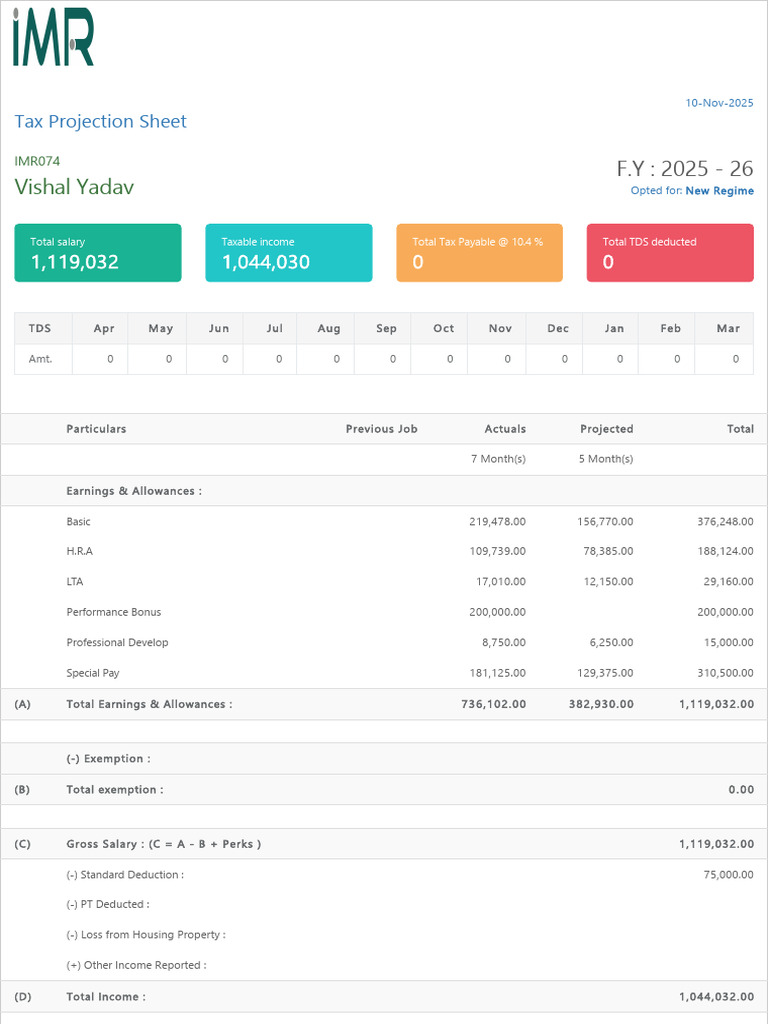 Tax Projection IMR074 F.Y - 2025 - 2026 | PDF | Taxes | Government Finances