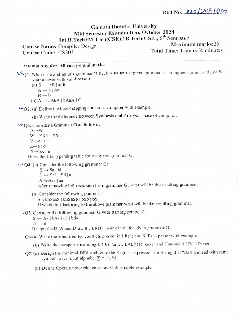 5th sem mid-end | PDF | Parsing | Theoretical Computer Science