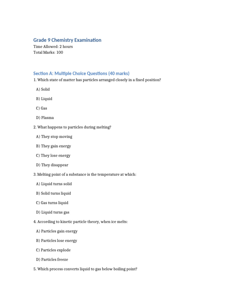 Grade 9 Chemistry Exam Questions | PDF | Ion | Liquids