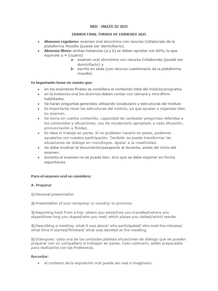 Examen Final RRII Inglés III 2025 | PDF