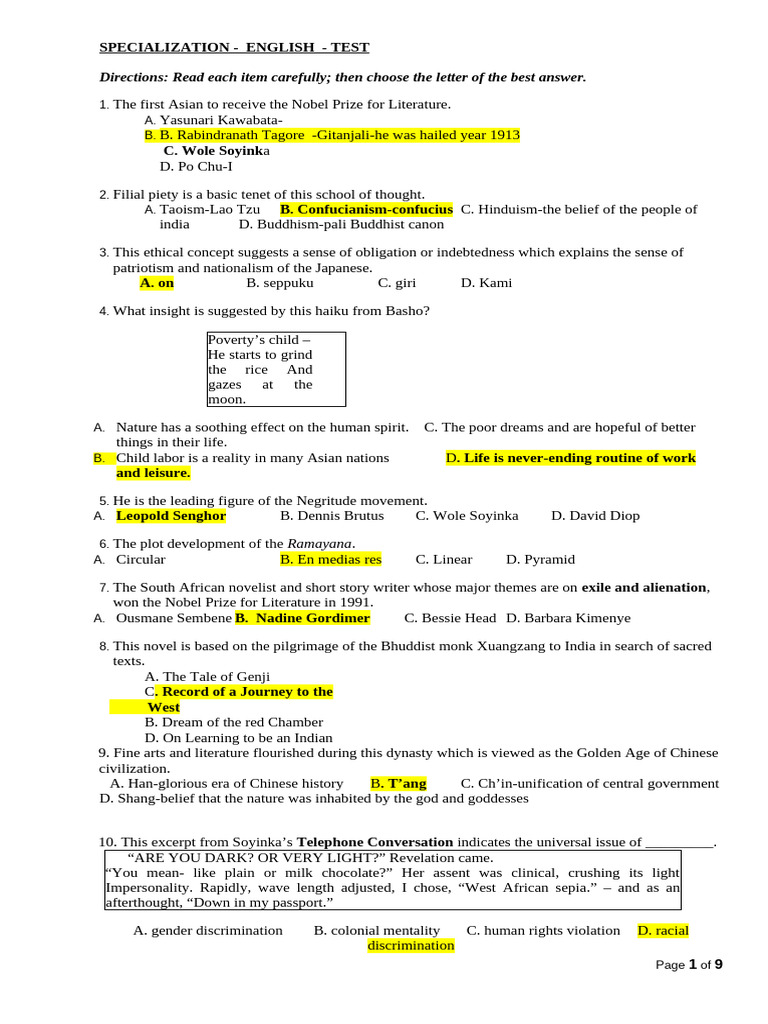 English Literature and Language Test | PDF | Reading Comprehension ...