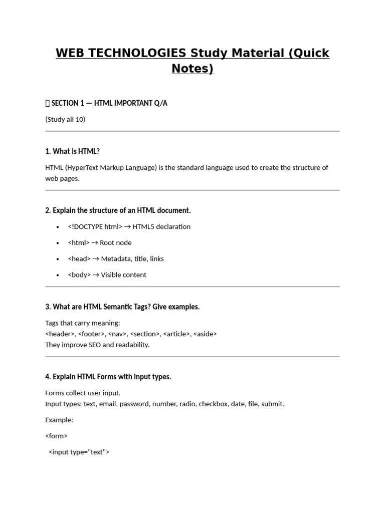 Web Technologies Study Guide: HTML, CSS, JS, XML | PDF | Html Element ...