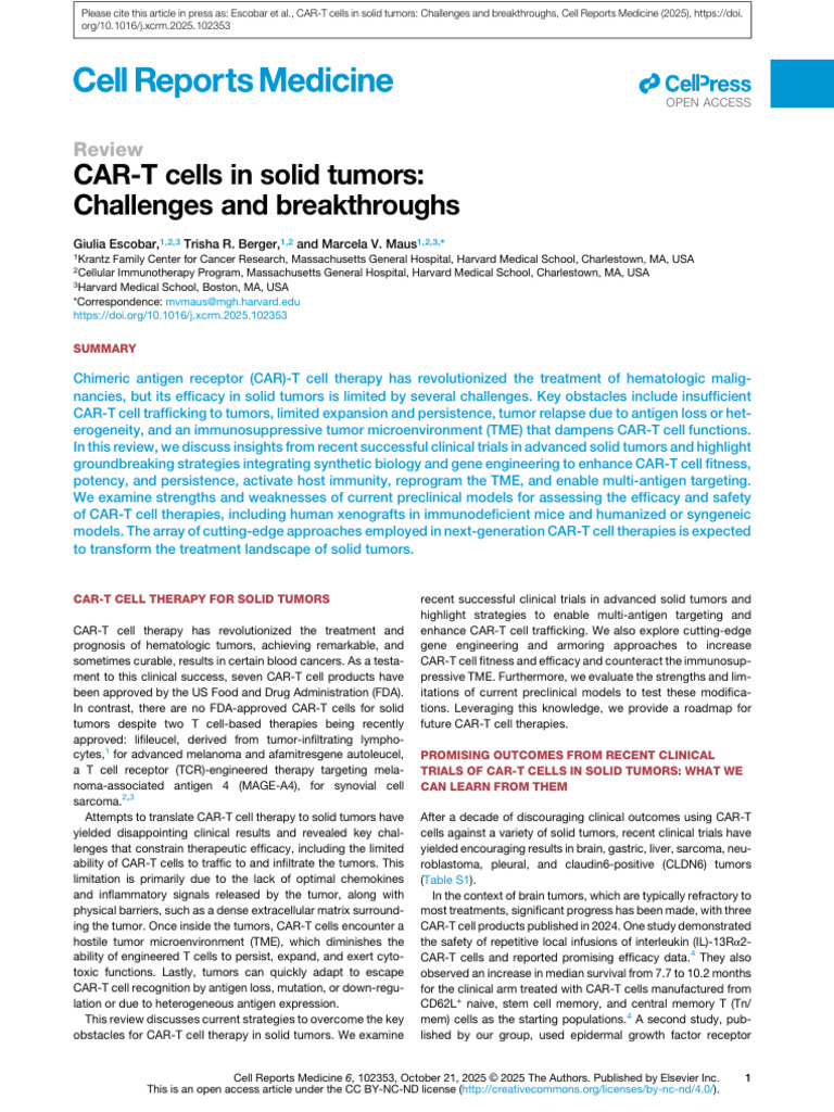 CAR-T Cells in Solid Tumors Challenges and Breakthroughs | PDF | T Cell ...
