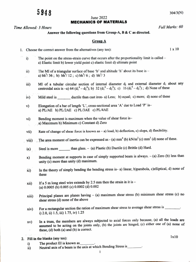 Mechanics of Materials Exam Questions | PDF | Bending | Beam (Structure)