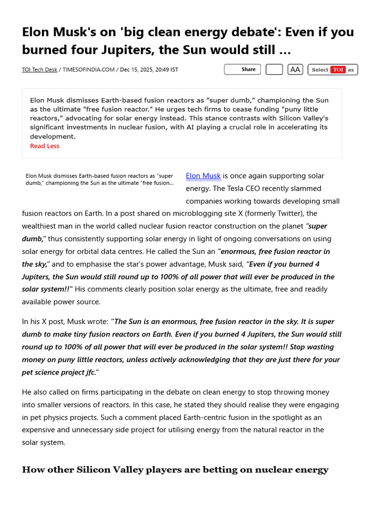 Musk Advocates Solar Over Fusion Energy | PDF | Nuclear Fusion | Sun