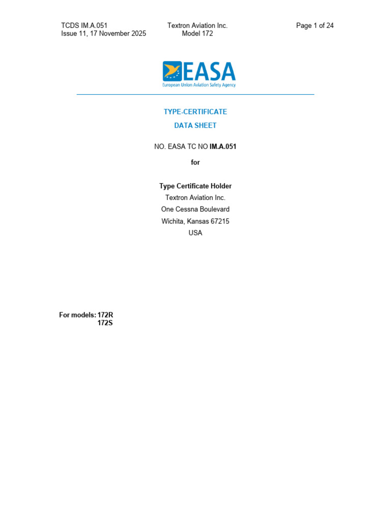 EASA Type Certificate Data Sheet 172 | PDF | Cessna | Airspeed