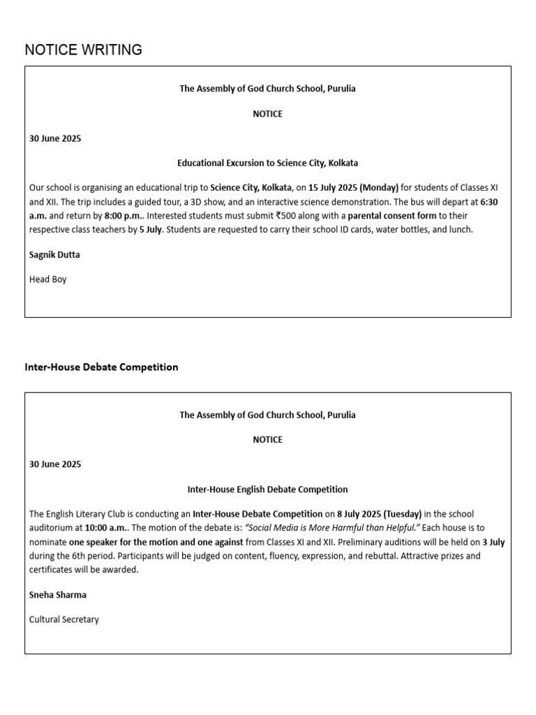 School Notices: Excursion, Debate, and More | PDF