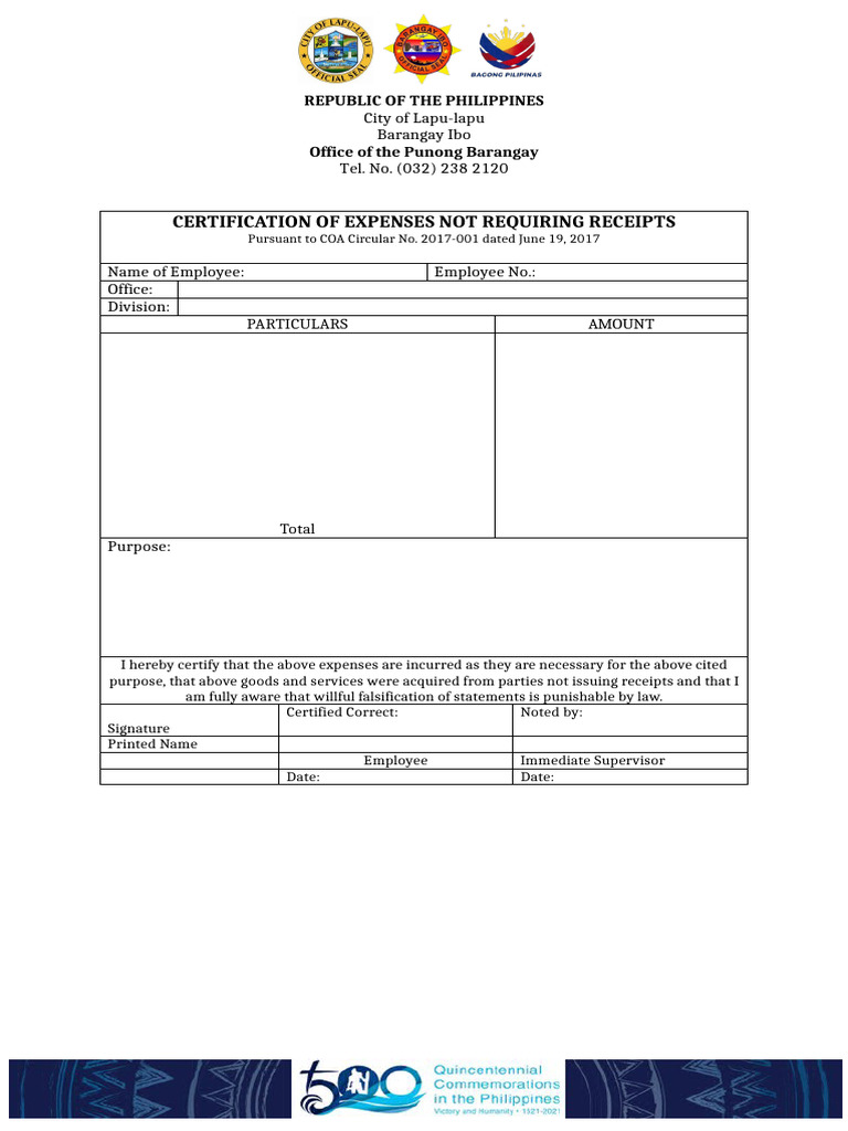 Certification of Expenses Without Receipts | PDF