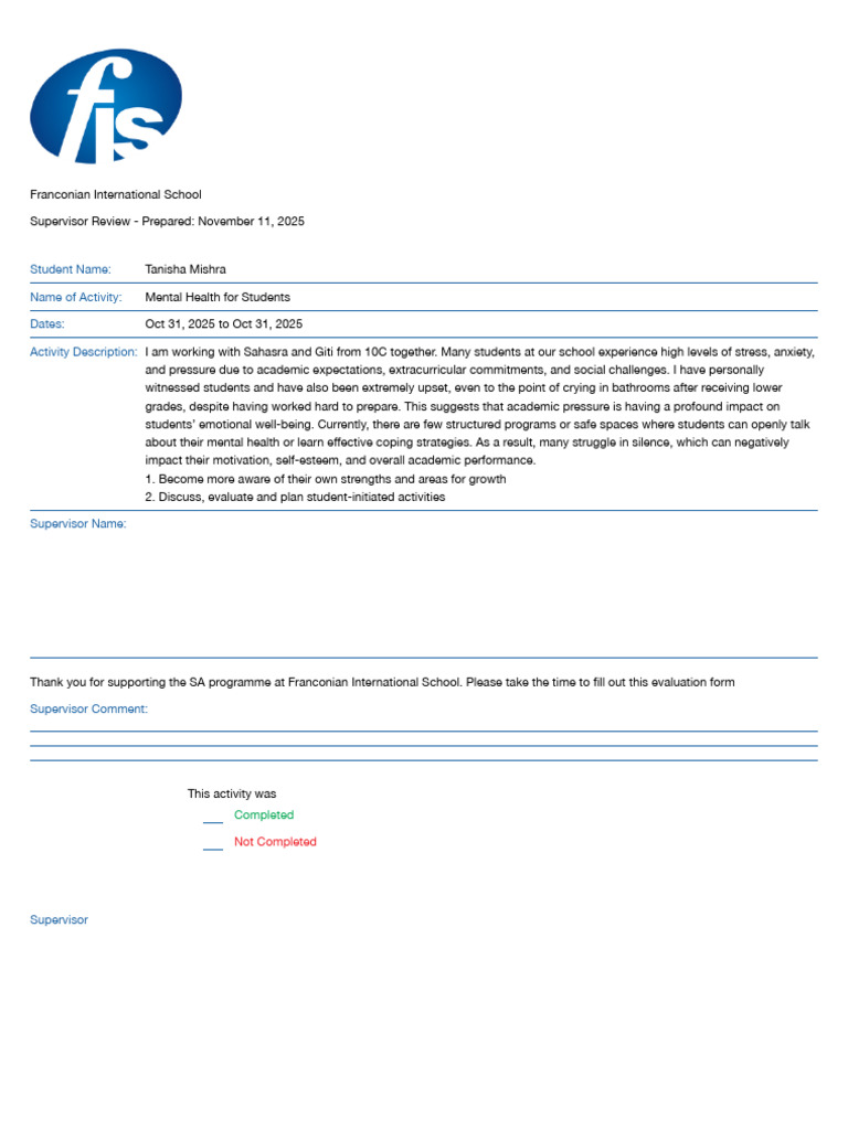 SA Completion Form - Mishra Tanisha - Mental Health For Students | PDF