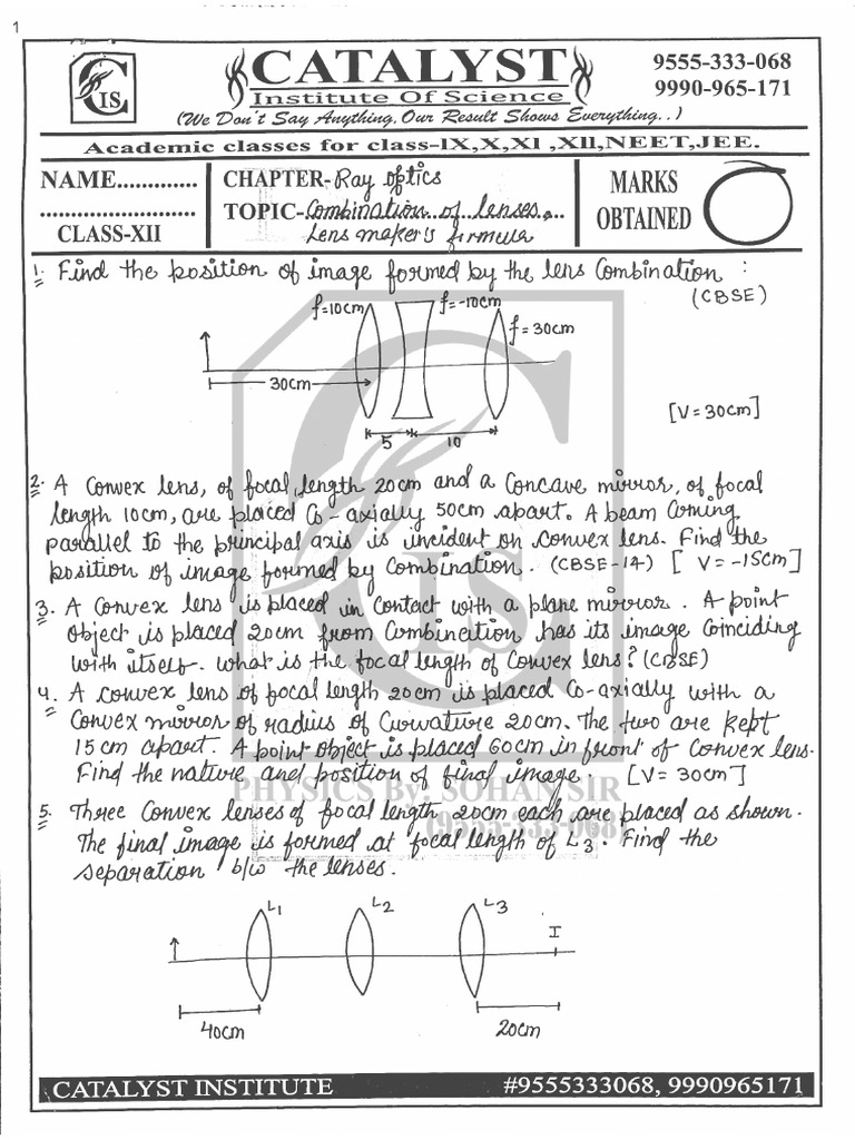 Optics - Lens Formula & Combination | PDF