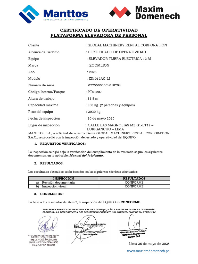 Certificado de Operatividad Pt01207 | PDF