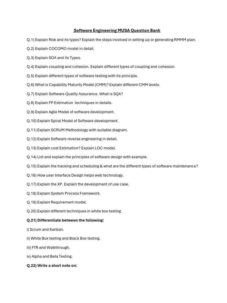 Software Engineering MUSA Question Bank | PDF