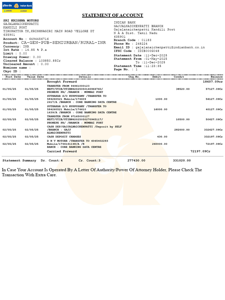 Sri Krishna Motors Account Statement | PDF | Debits And Credits | Banks