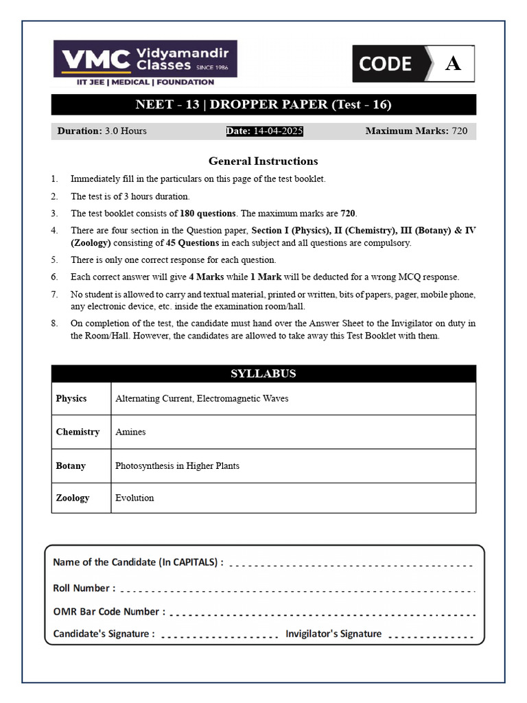 NEET 2025 Test 16 Instructions & Syllabus | PDF | Physical Quantities ...
