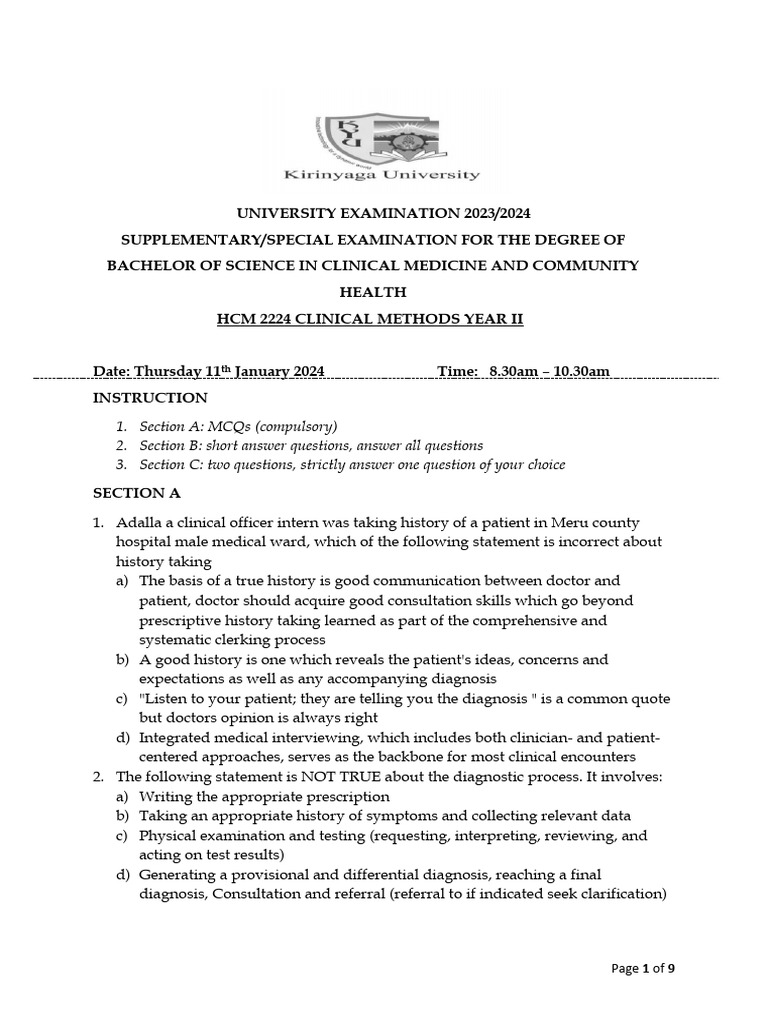 Clinical Methods Exam Guide 2023/2024 | PDF | Medical Diagnosis ...