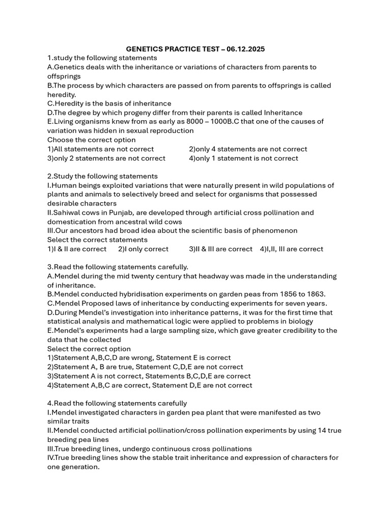 Genetics Practice Test - 06.12.2025 | PDF | Dominance (Genetics) | Genotype