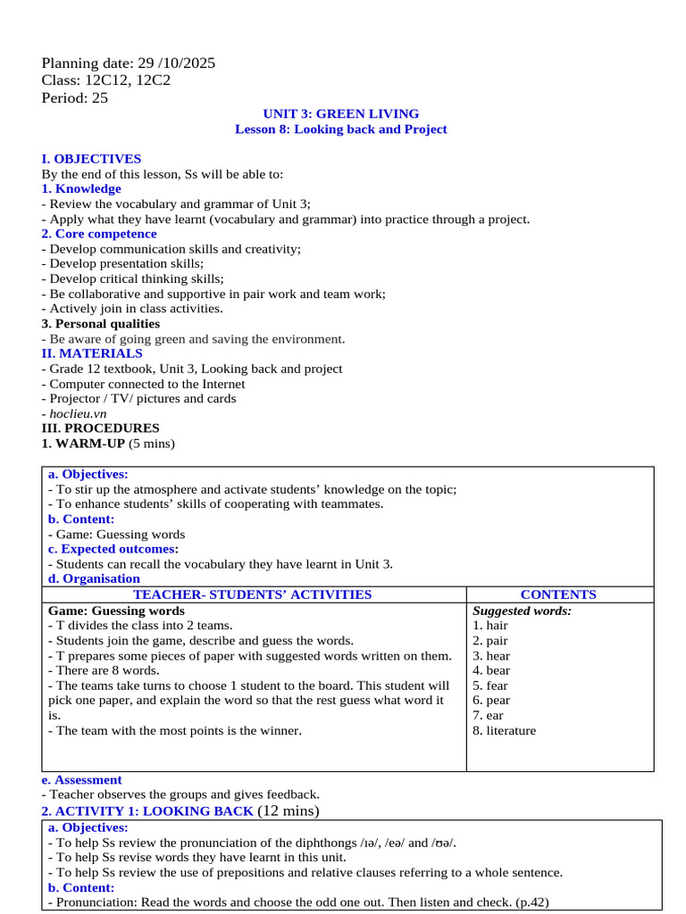Grade 12 Green Living Lesson Plan | PDF | Phrase | Clause