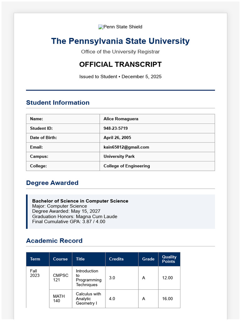 Official Transcript - The Pennsylvania State University | PDF | Mathematics