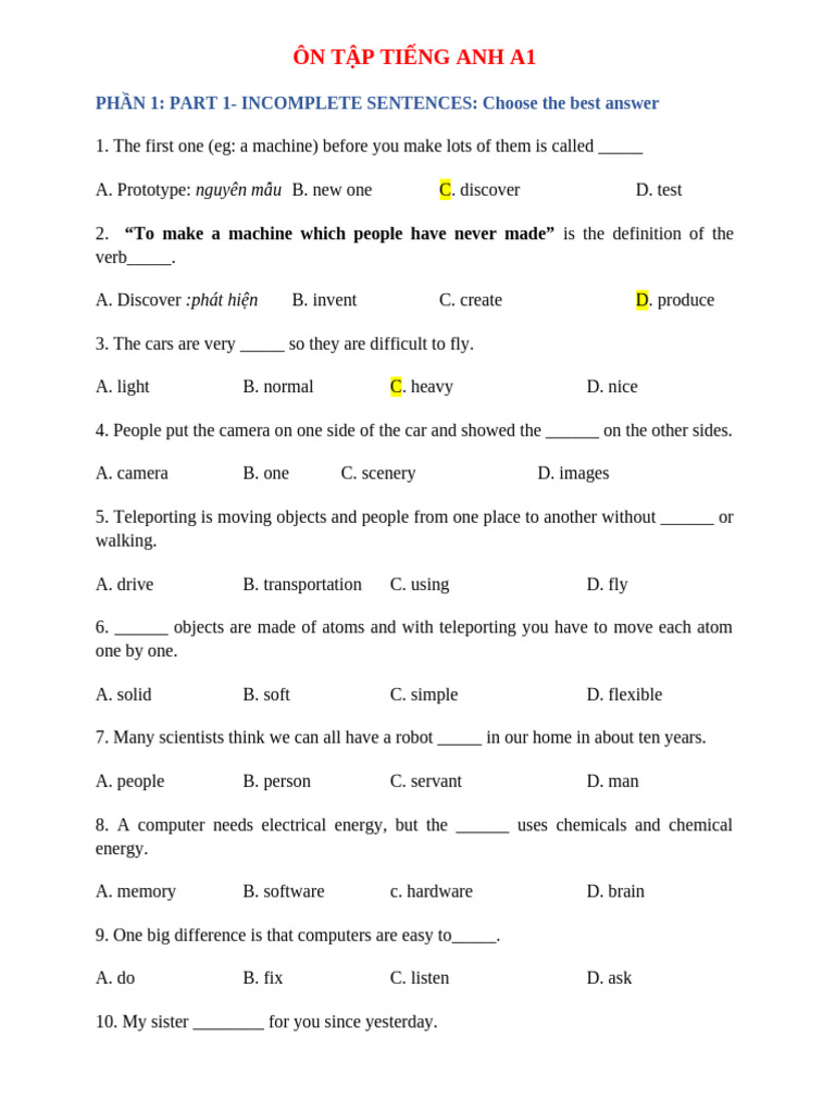 English A1 Practice Test Questions | PDF | Traffic | Skirt