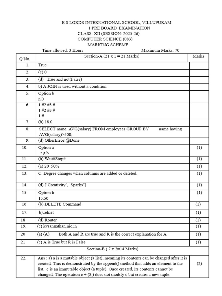 Computer Science Pre-Board Marking Scheme | PDF | Computer Network ...