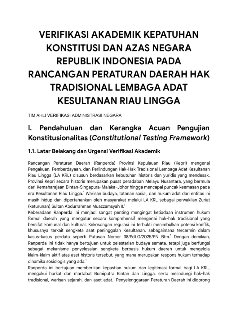 Verifikasi Konstitusionalitas Ranperda Adat Riau | PDF