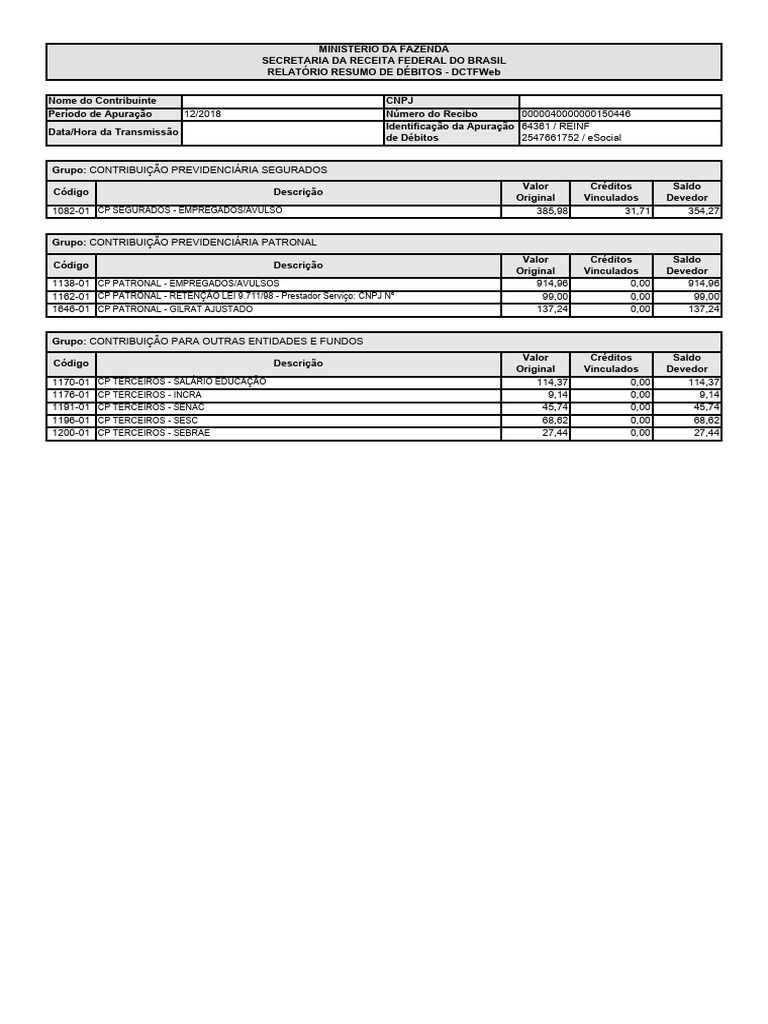 Relatório de Débitos DCTFWeb 12/2018 | PDF