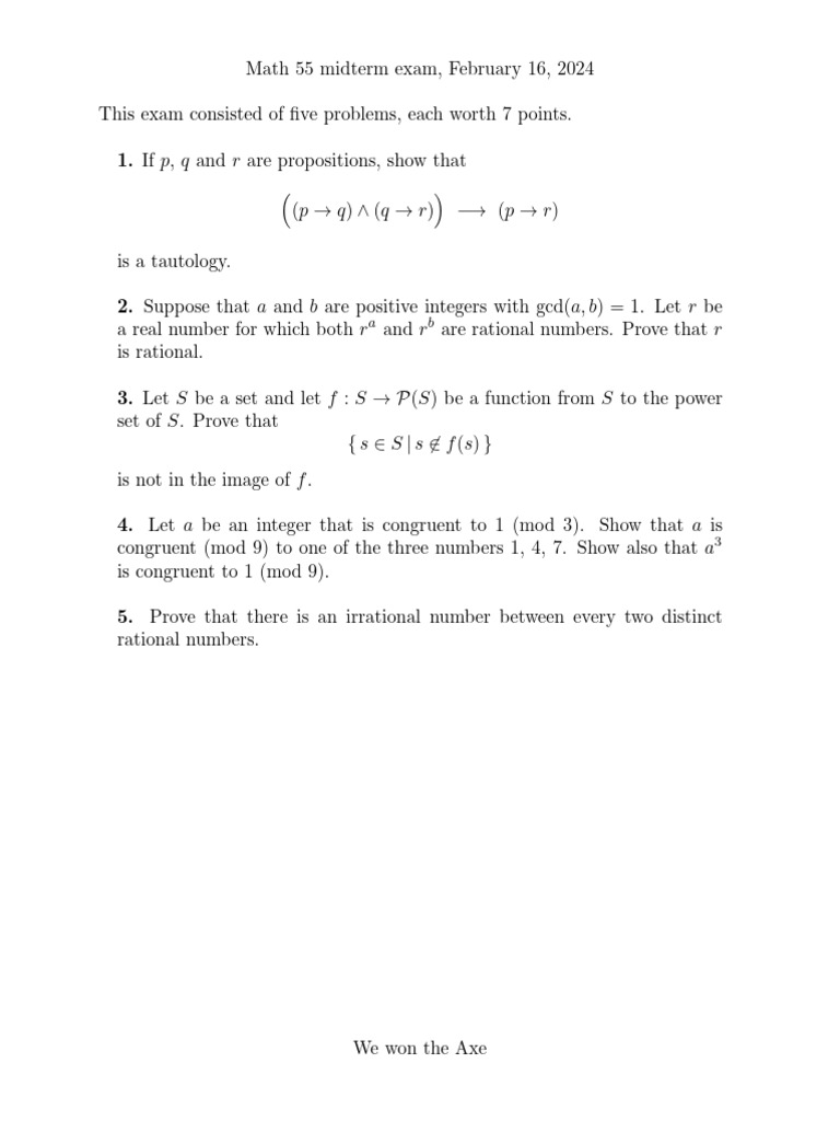 Math 55 Midterm Exam Problems 2024 | PDF