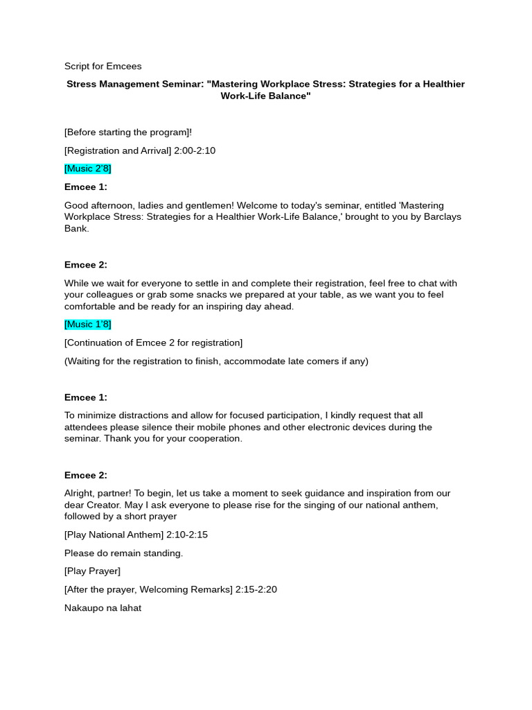 Emcee Script for Stress Seminar | PDF