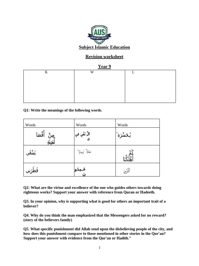 Islamic Education Year 9 Revision Worksheet | PDF | Hadith | Quran