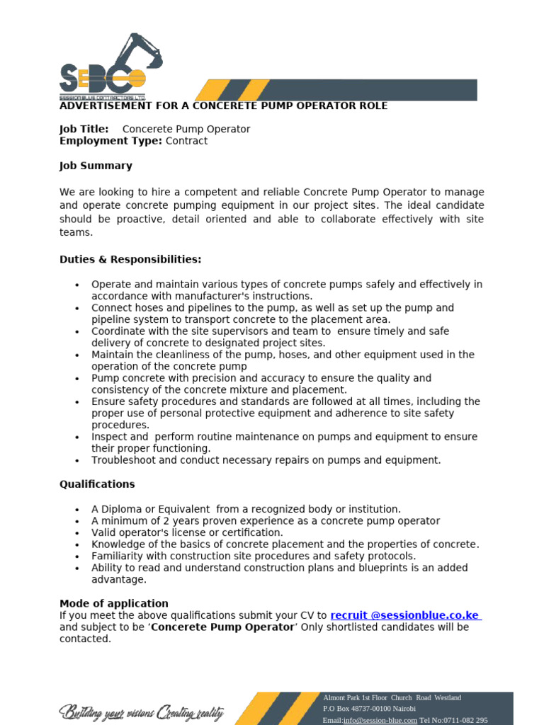 Job Advert - Concrete Pump Operator | PDF | Concrete | Pump