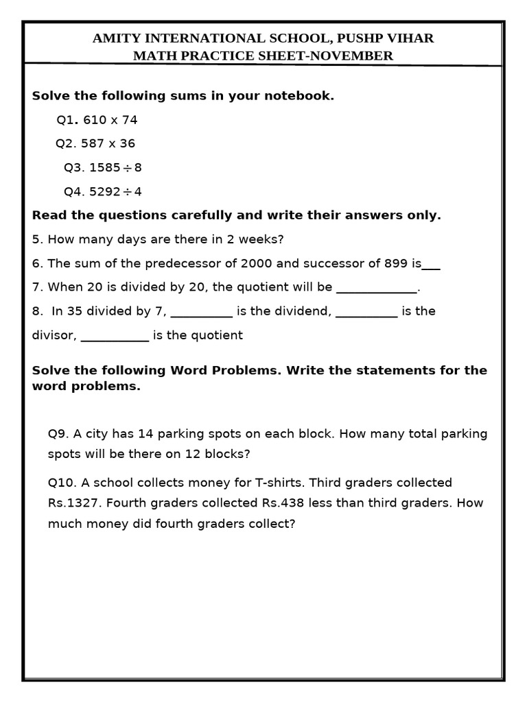 November Math Practice Sheet for Students | PDF
