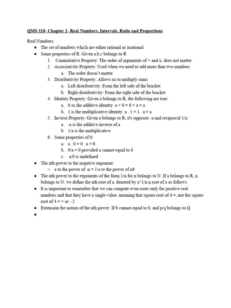 QMS 110- Chapter 2- Real Numbers, Intervals, Ratio and Proportions | PDF