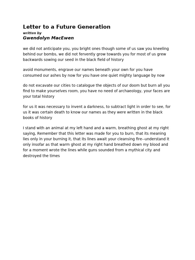 Letter to Future Generations: A Poetic Reflection | PDF