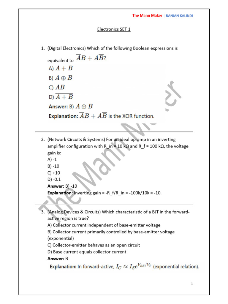 Electronics SET 1 | PDF | Mosfet | Cmos