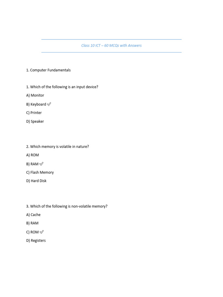 Class 10 ICT MCQs with Answers | PDF | Computer Data Storage | Read ...
