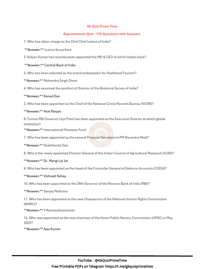 Printable PDF Appointments Current Affairs Till Nov 110 Mcqs | PDF ...