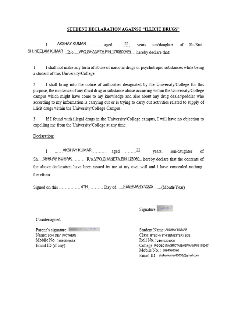 Student Declaration Against Drug Abuse | PDF